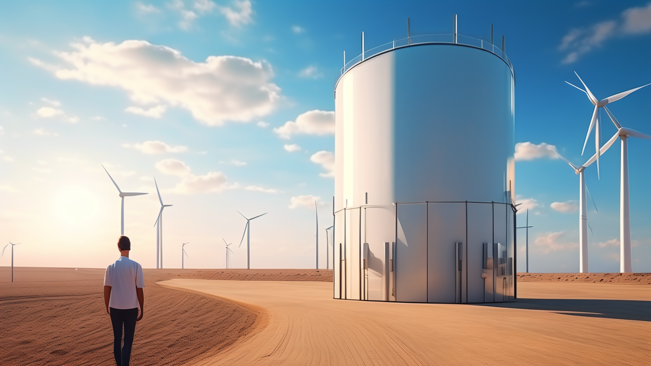 Overseas energy engineer viewing a desert renewable site with wind turbines and CO2 storage tank silhouettes in bright daylight
