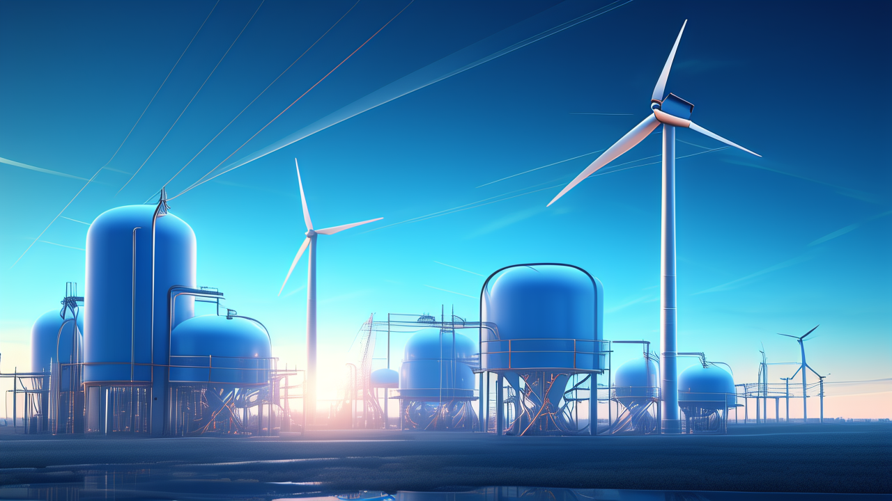 Bright conceptual scene of CO2 storage tanks, piping, and wind turbines forming a closed-loop energy storage plant