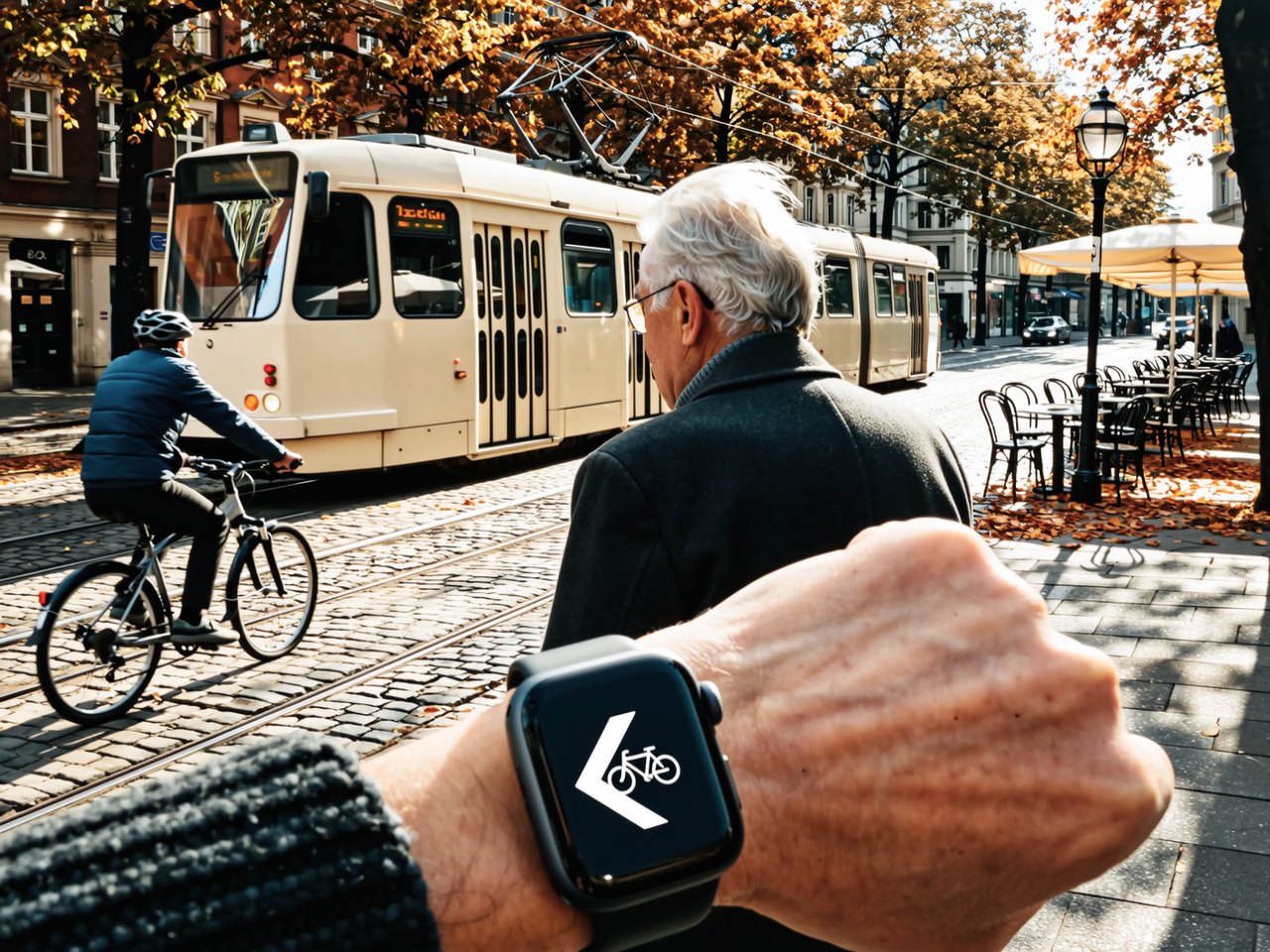 Over-the-shoulder street scene: a cyclist approaches from the left while a smartwatch shows a left arrow and bicycle icon