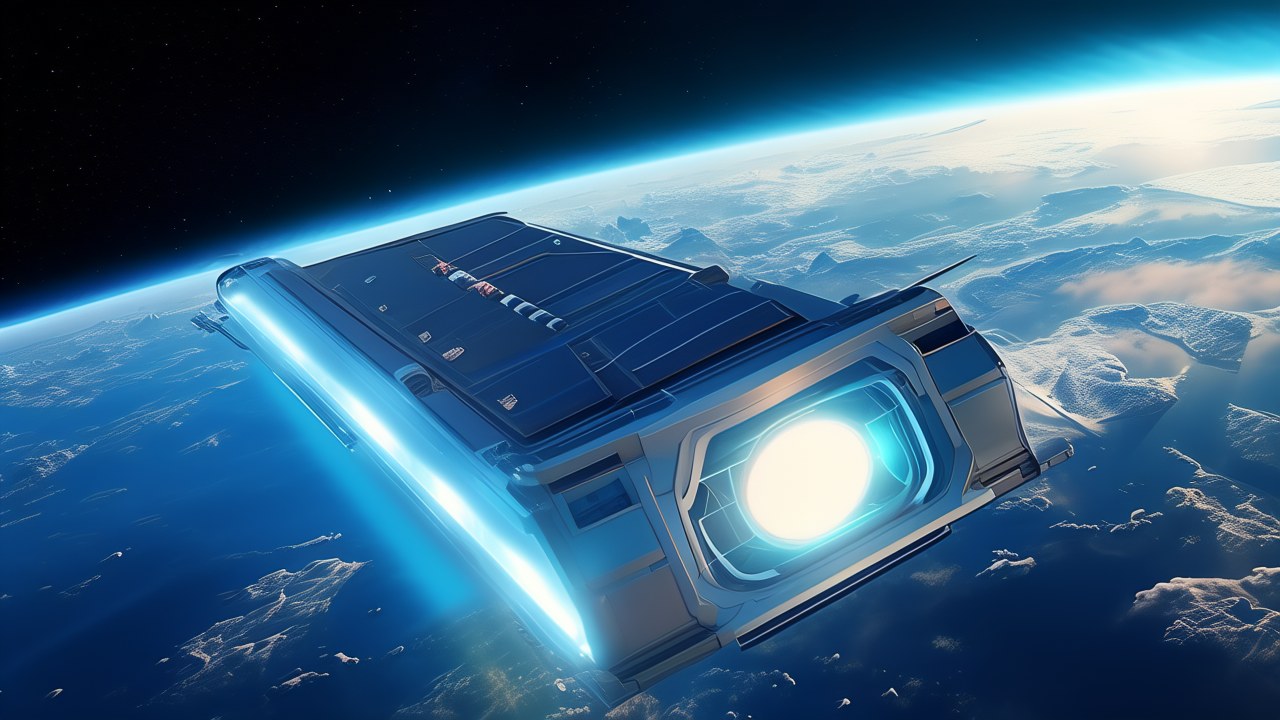Boxy orbital compute satellite above Earth’s blue horizon with optical laser terminal and cooling accents