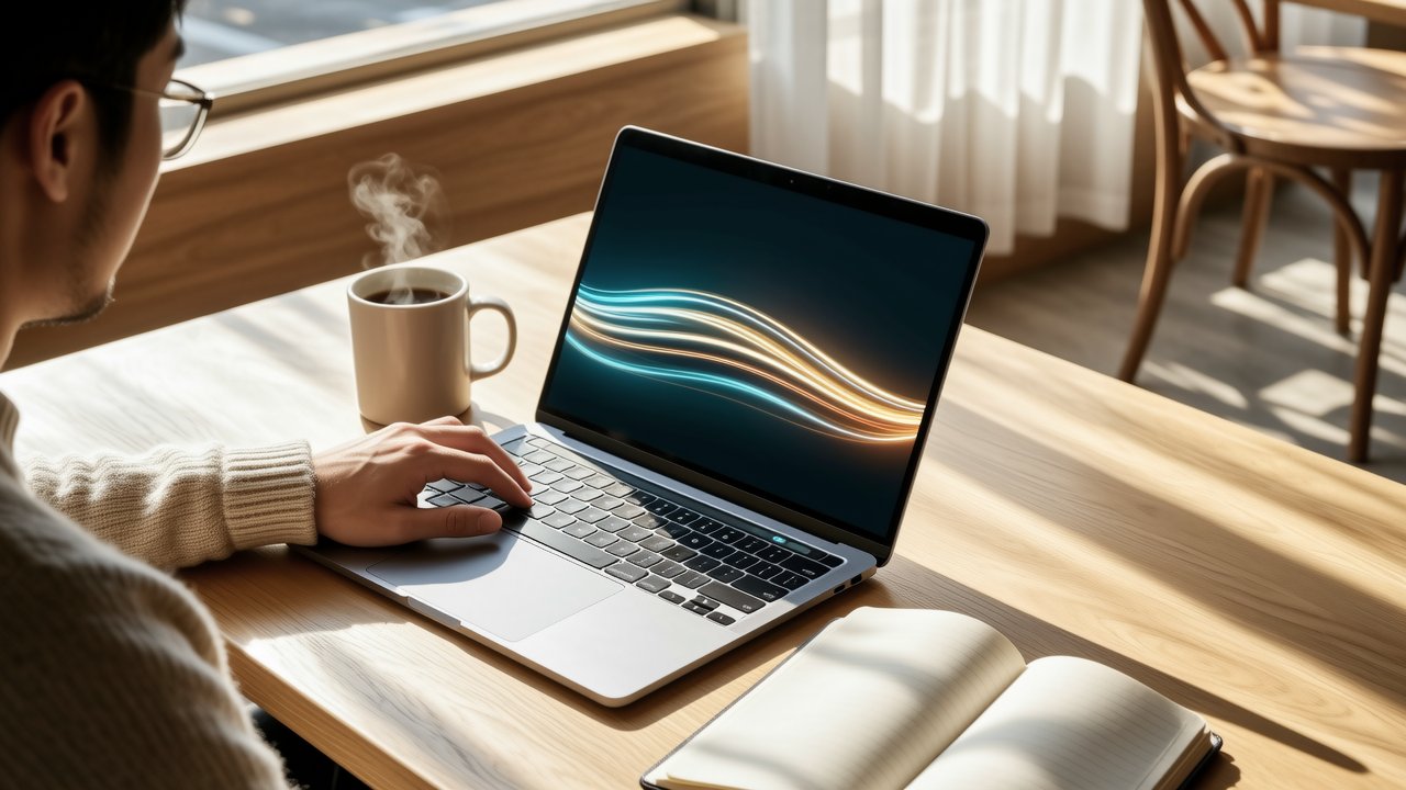 Warm daylight cafe scene with an ARM laptop running local inference token streams, overseas freelance developer vibe