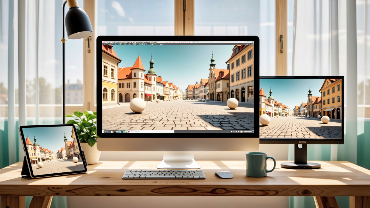 Sunlit VFX desk with monitors showing a European plaza as editable 3D Gaussian Splatting assets in a render viewport