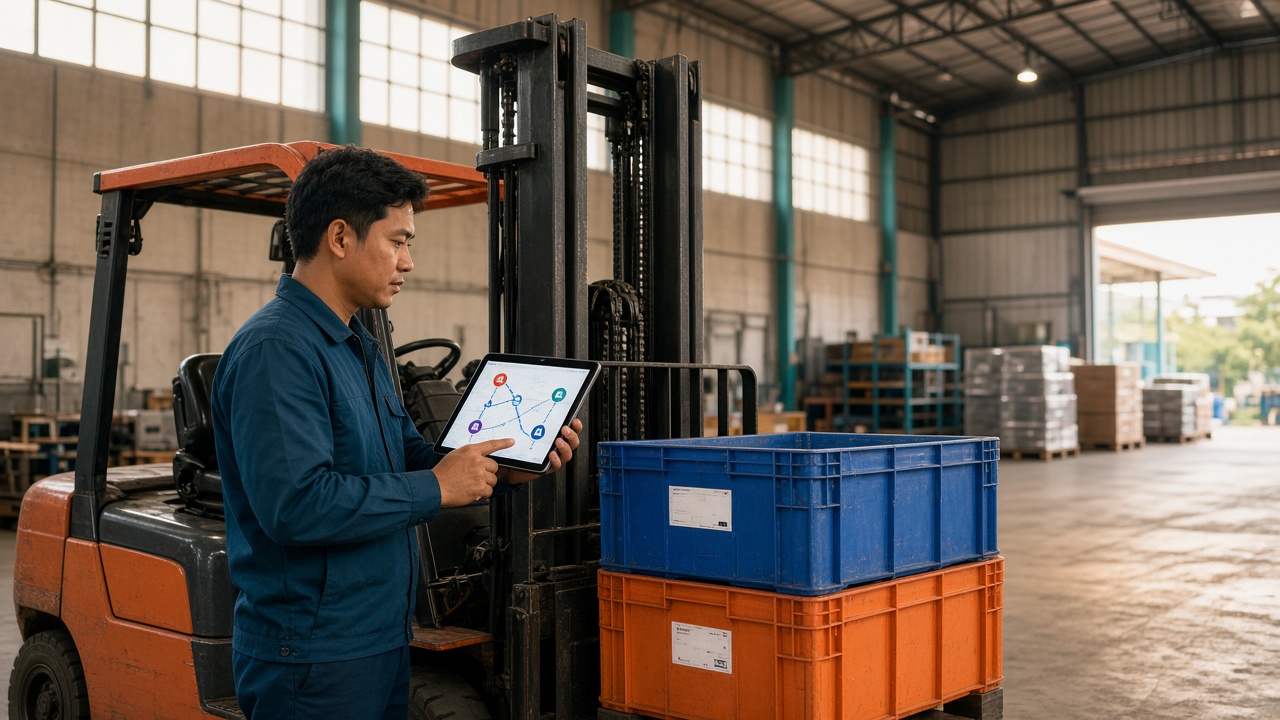 Bright warehouse: operator with tablet showing a networked supply-chain map beside a forklift carrying blue and orange industrial crates