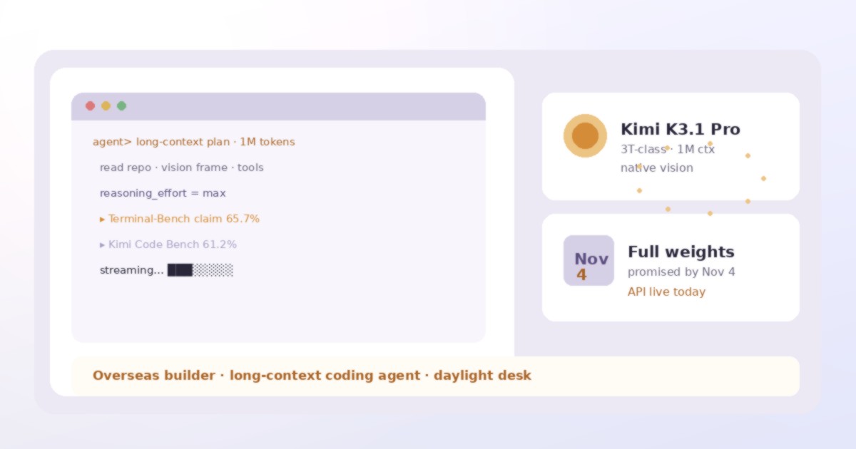 Lavender-gray and warm amber daylight desk illustration: overseas builder using a long-context Kimi coding agent with 1M context and Nov 4 weights callout