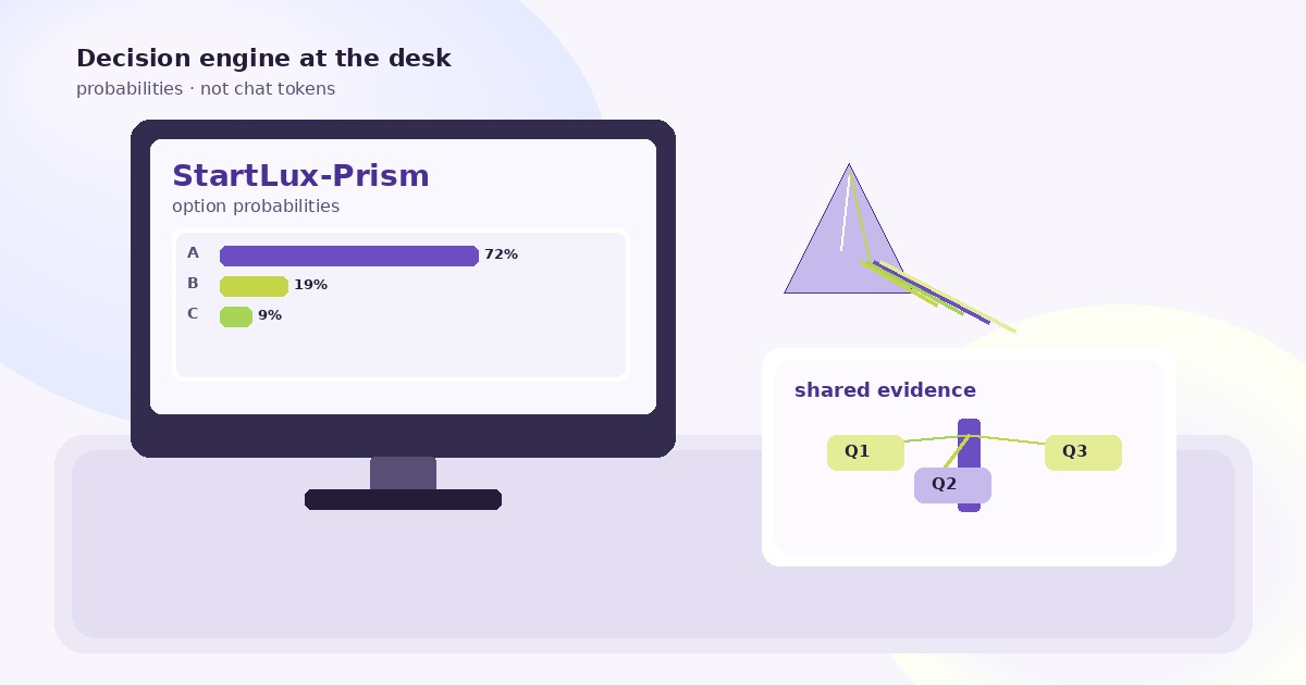 Cool violet and citrus desk illustration: monitor showing option A/B/C probability bars, prism light motif, shared-evidence forest of Q1–Q3