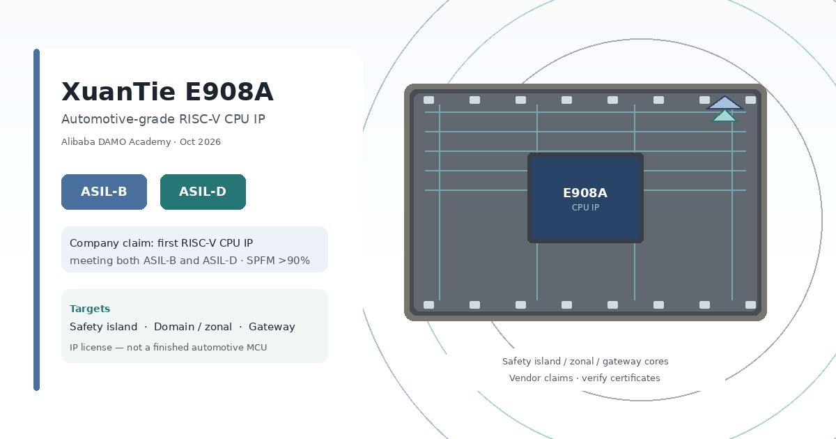 Steel blue and teal illustration of an automotive ECU board labeled E908A CPU IP, with ASIL-B and ASIL-D badges and safety-island / zonal / gateway targets