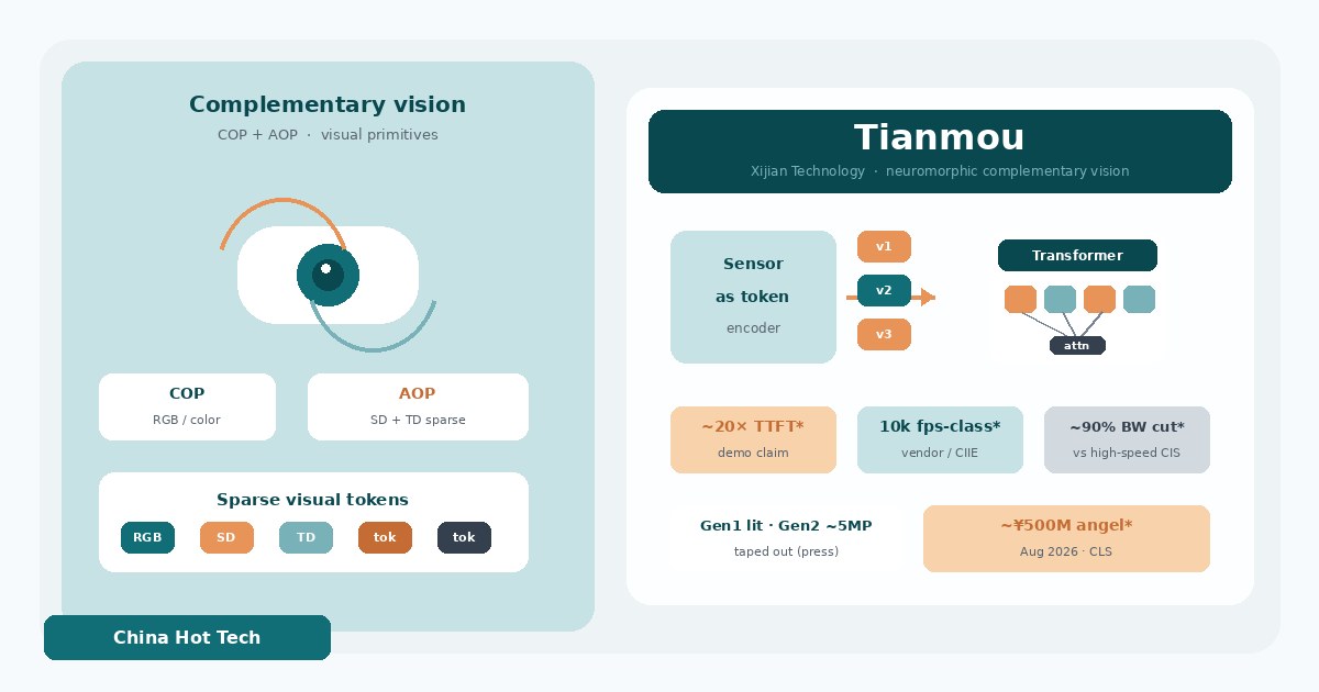 Light editorial illustration of Tianmou dual-pathway retina emitting sparse visual tokens into a transformer glyph, frost white deep teal warm apricot slate ink palette